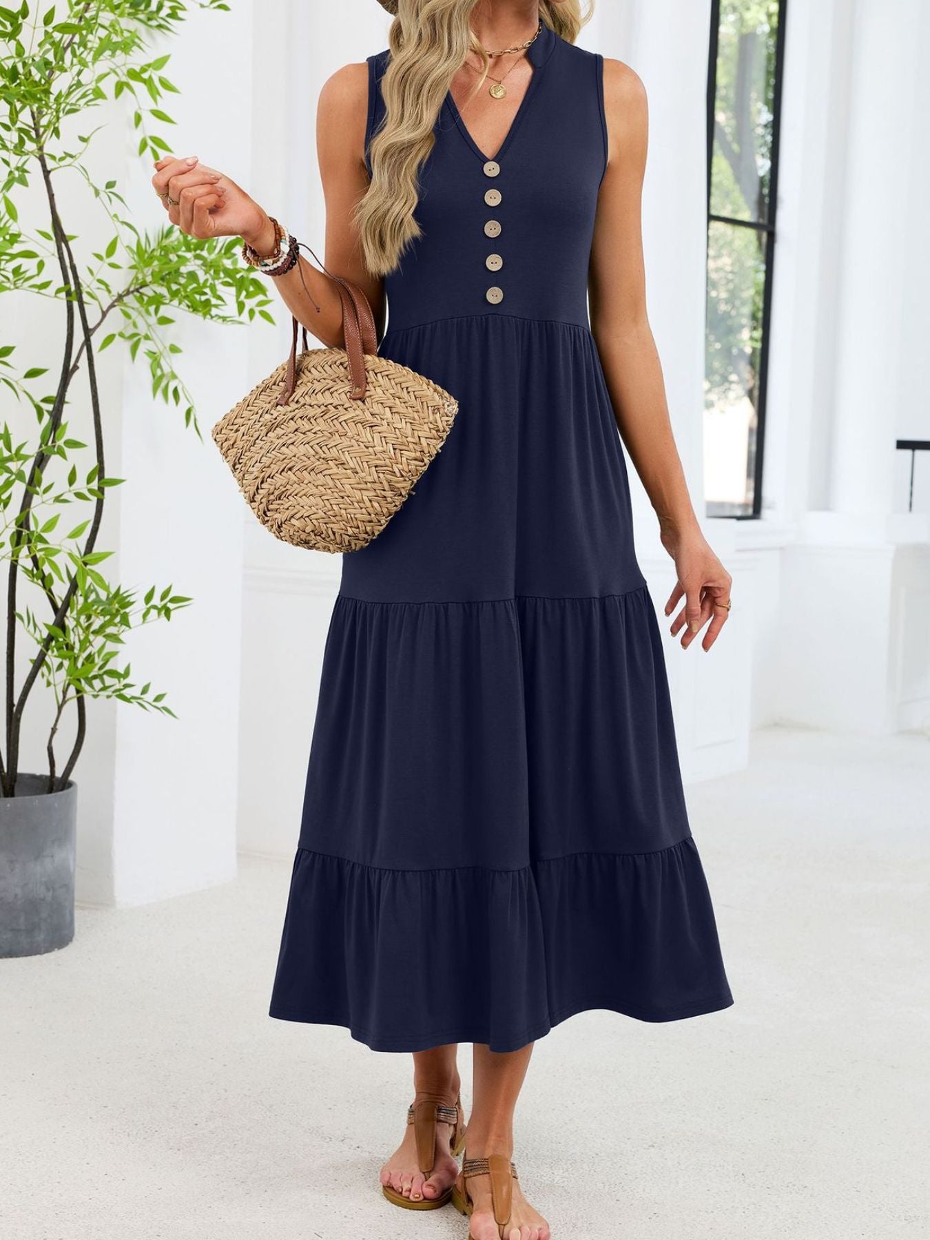 Ruffled Notched Tiered Midi Dress