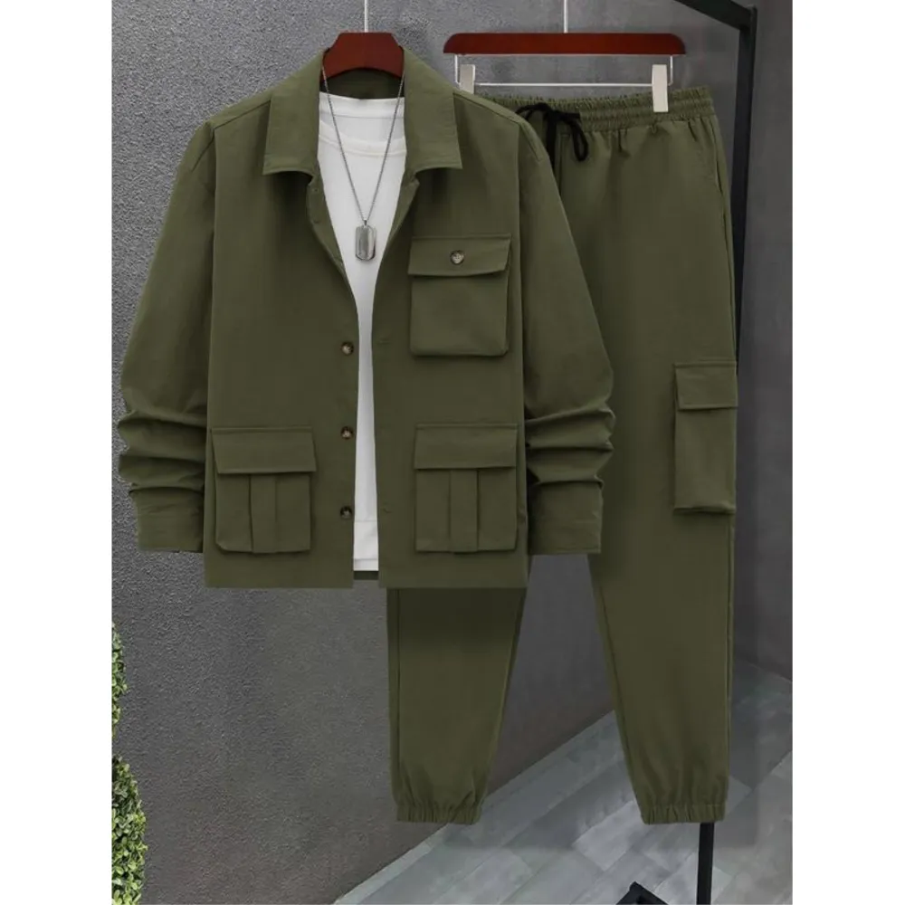 Men's Solid Color Pocket Button Front Jackets & Pants Two-Piece Set
