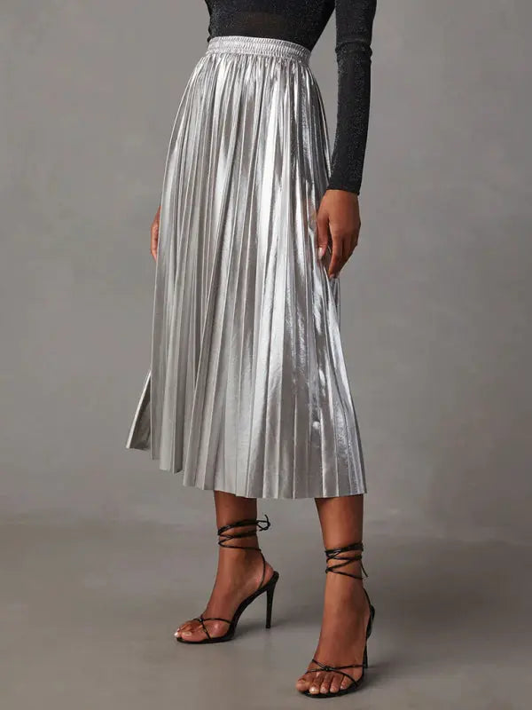 Shiny Pleated High-Waisted A-Line Midi Skirt