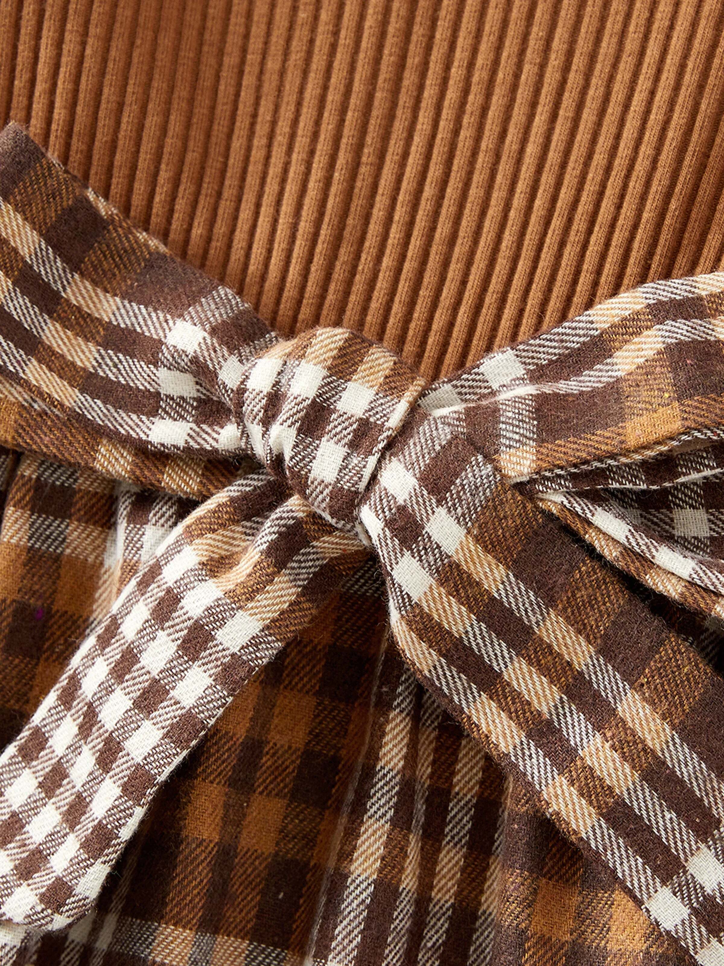 Family Matching Coffee Ribbed Spliced Plaid Belted Dresses and Long-sleeve Colorblock Tops Set Coffee