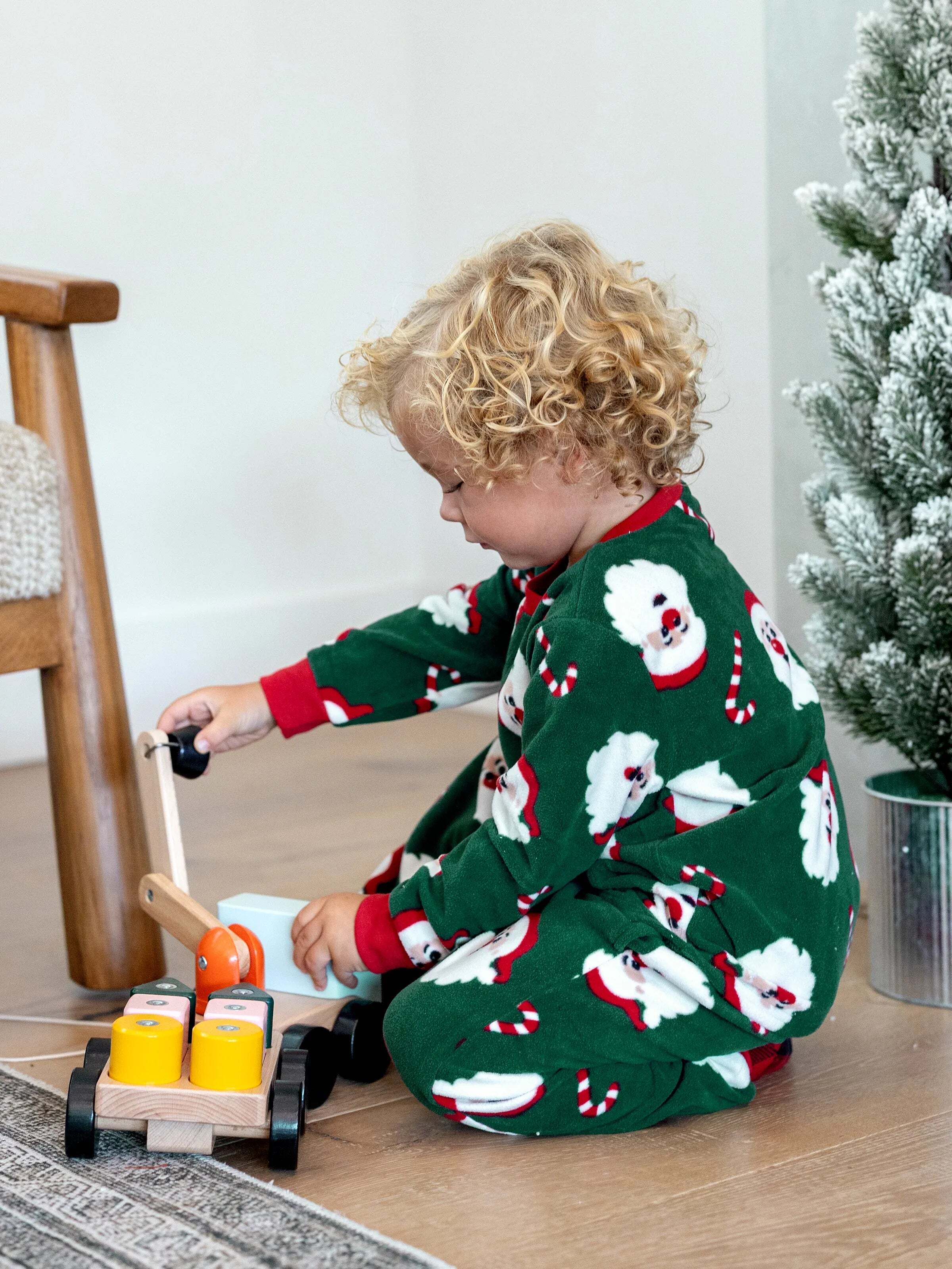 Christmas Matching Family Fleece Pajamas Set Santa Claus and Candy Cane Print PJS with Christmas Socks Dark Green