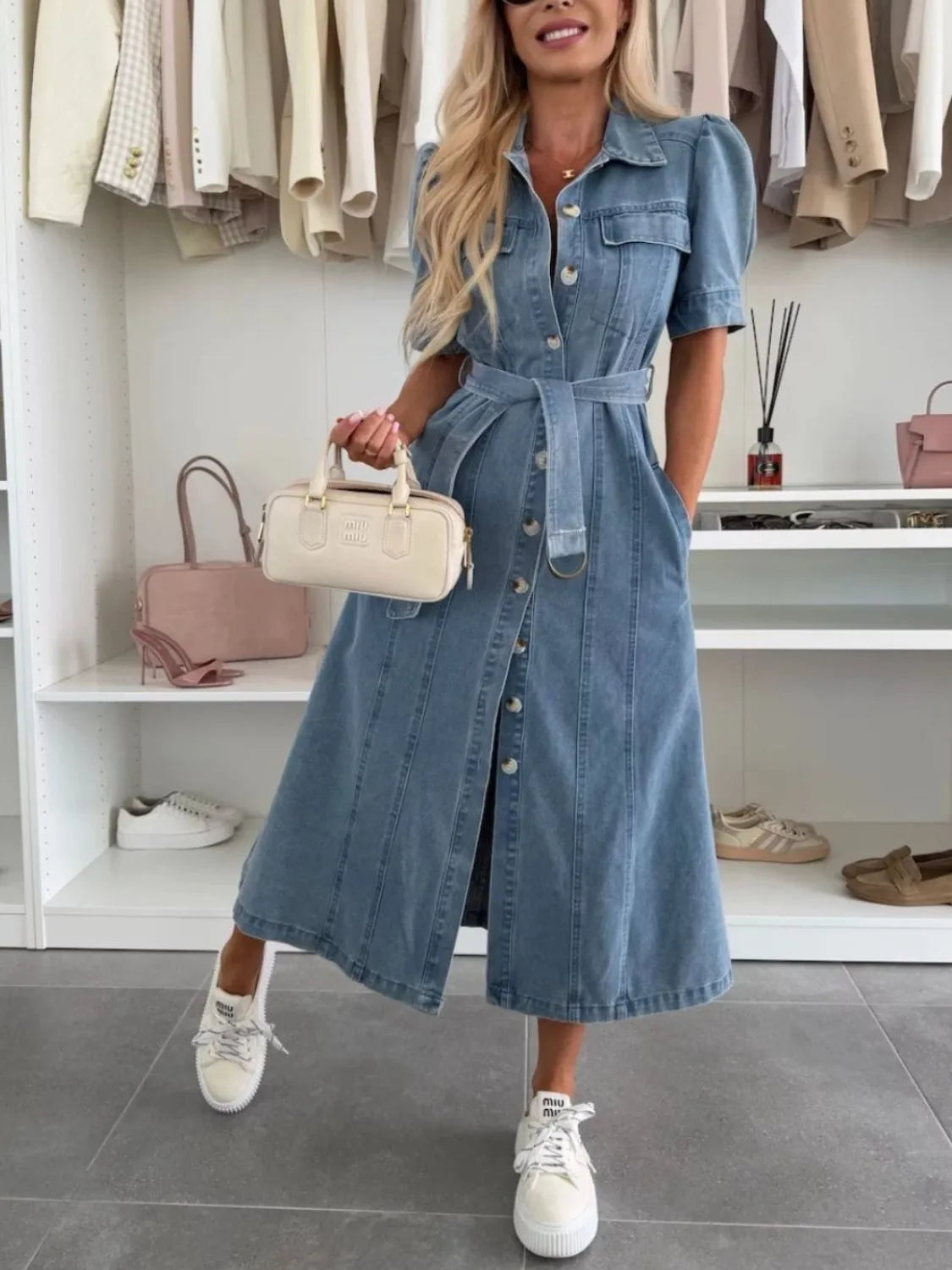 Puff Sleeve Button Down Belted Denim Midi Dress