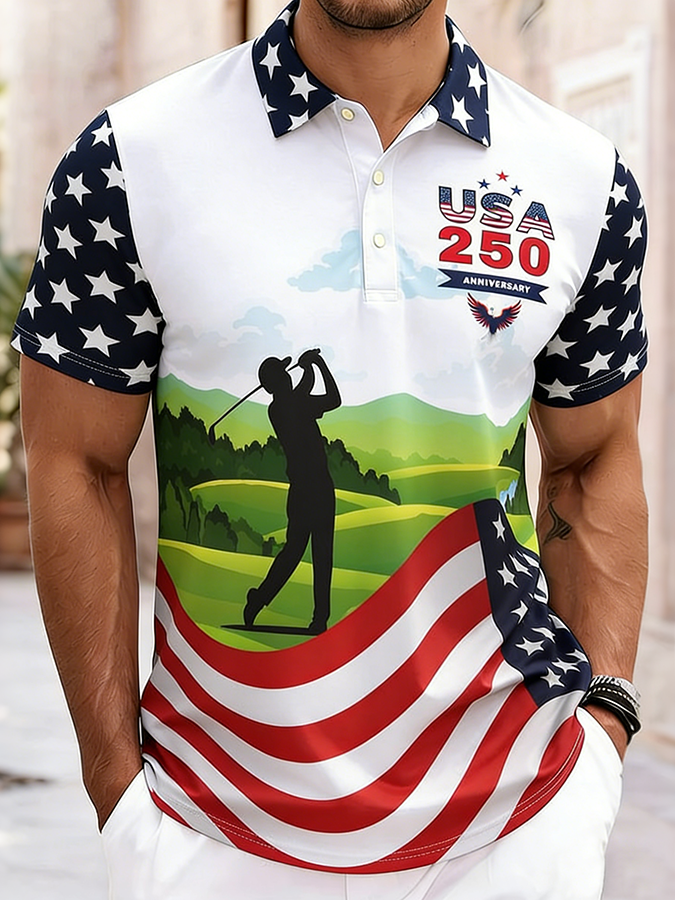 Men'S Casual American Five-Star Flag Golf Personalized Printed Short Sleeved Polo Shirt