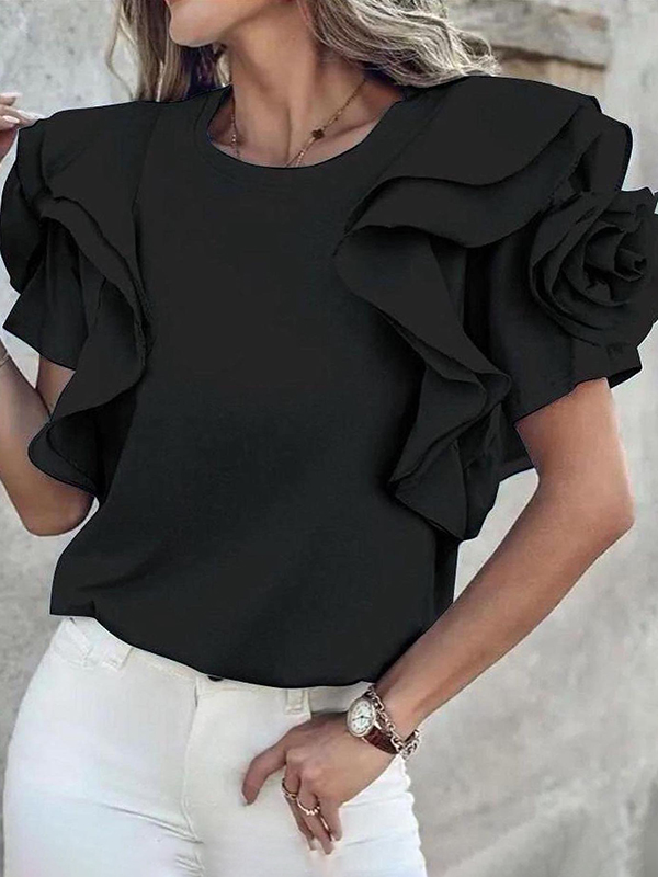 Ruffled Solid Color Three-Dimensional Flower Loose Ruffle Sleeves Round-neck T-Shirts Tops