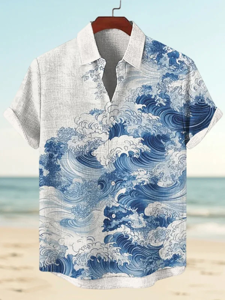 Men's Waves Watercolor Art Print Short Sleeve Shirt