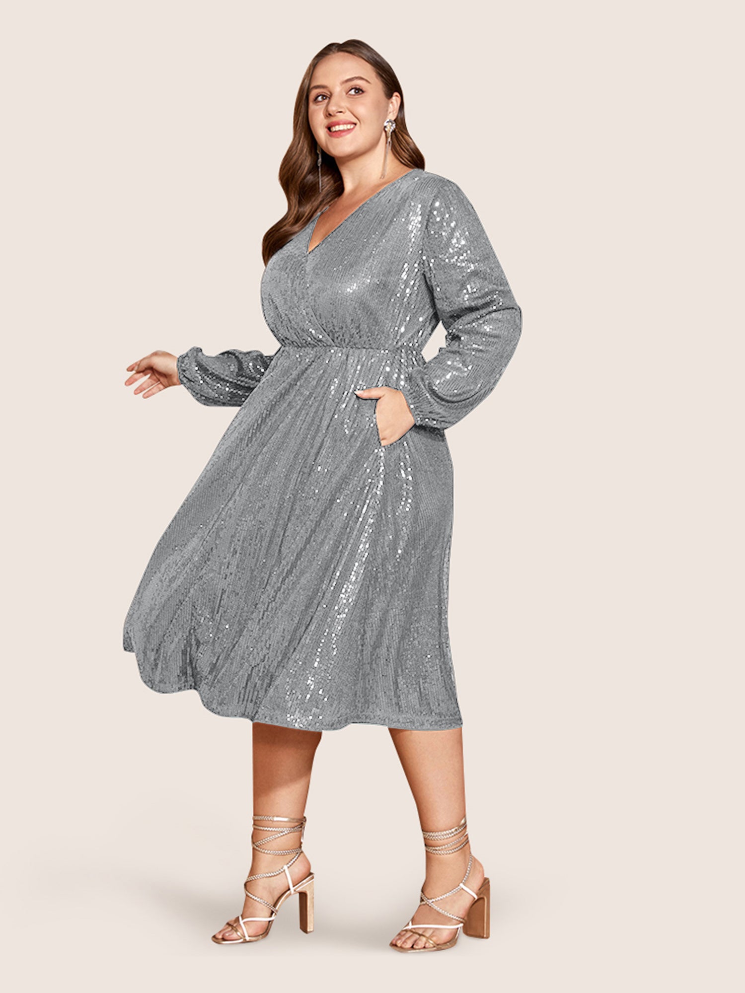 Solid Pocket Lantern Sleeve Wrap Sequin Dress