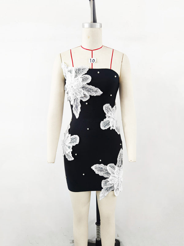 Christmas Tube Top Beaded Flower Bandage Dress Knitted Black Short Dress Party Skirt