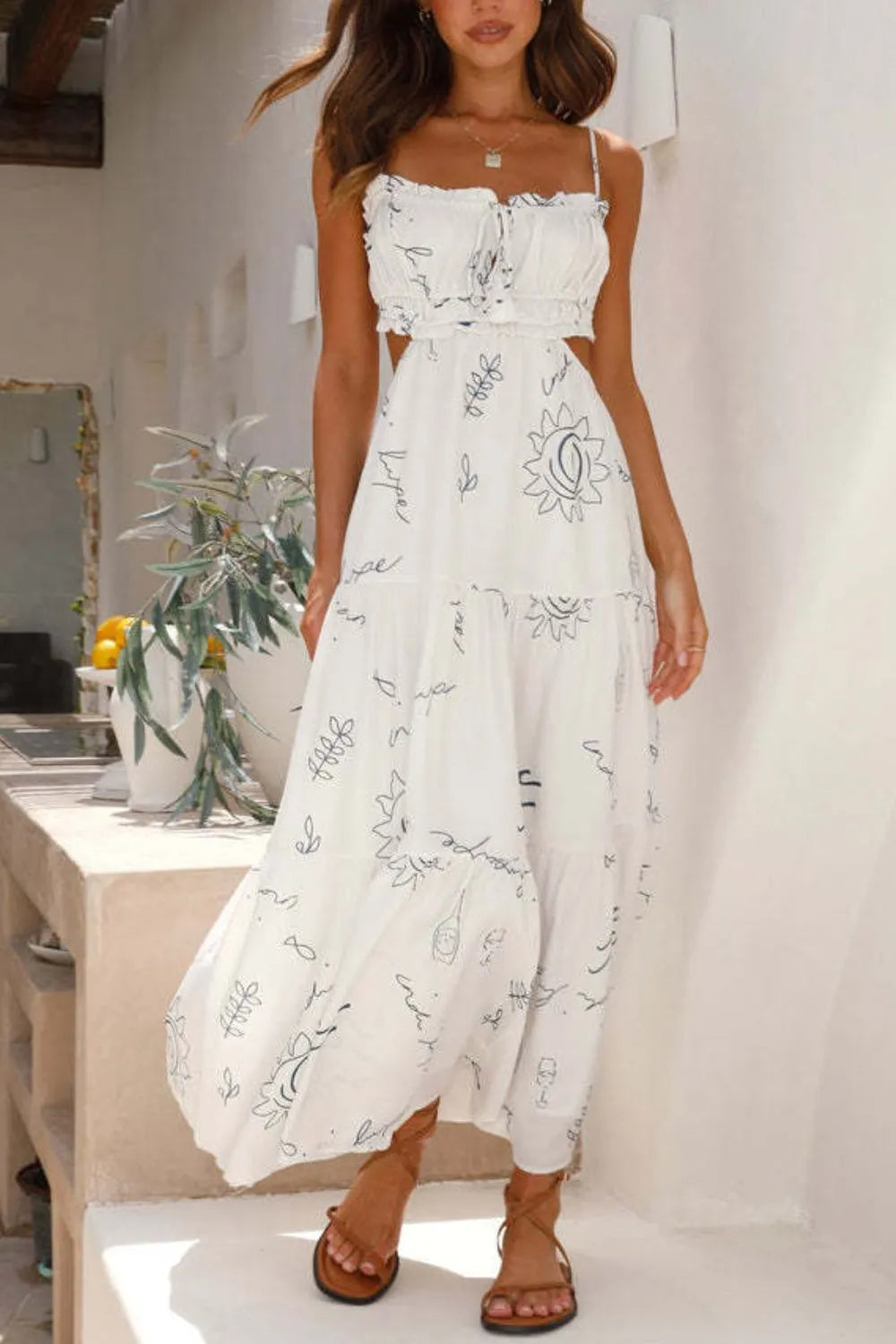 Cutout Printed Sleeveless Midi Cami Dress