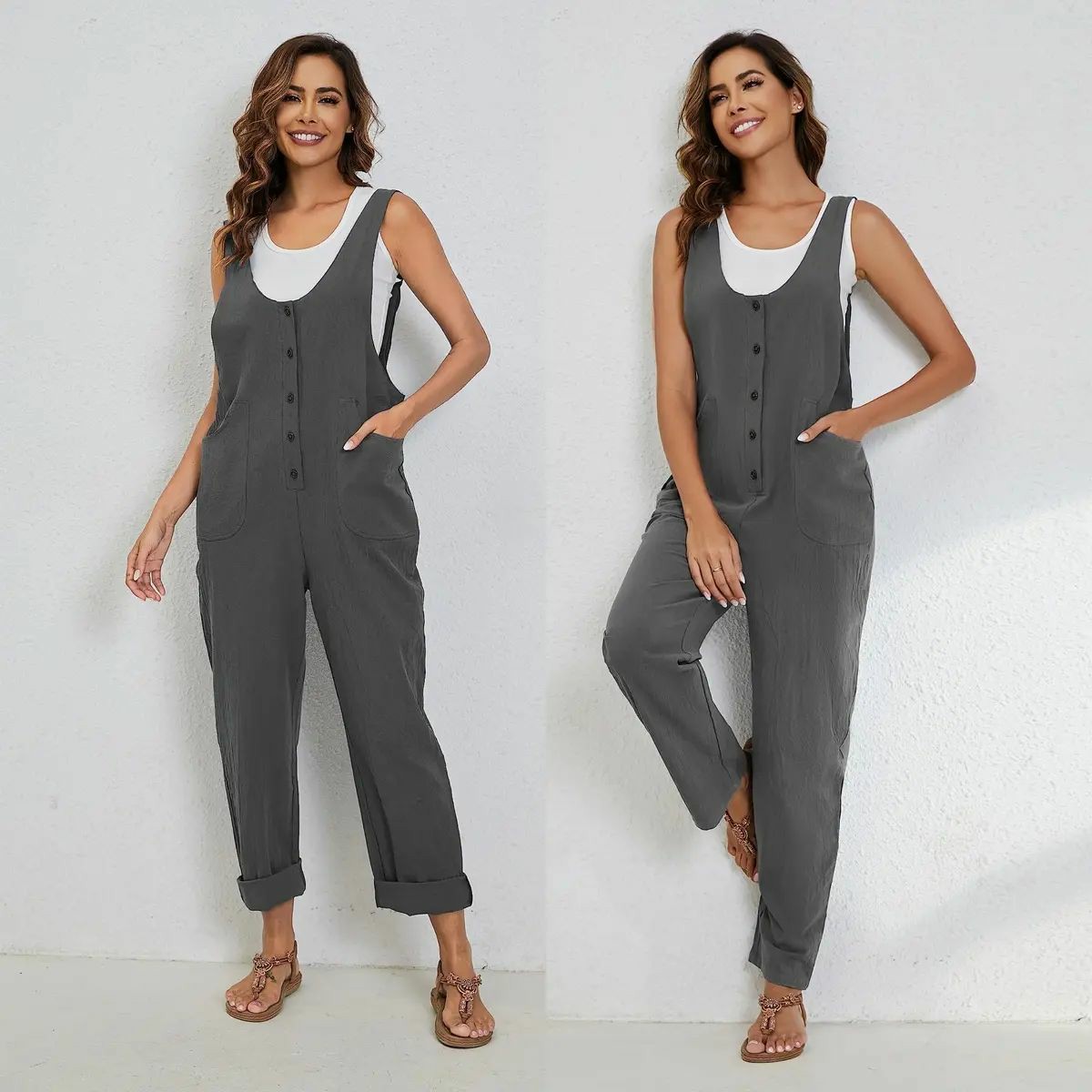 Women's Overalls Linen Cotton Jumpsuits Casual Loose Jumpers Adjustable Straps with Pockets Summer Rust Sleeveless