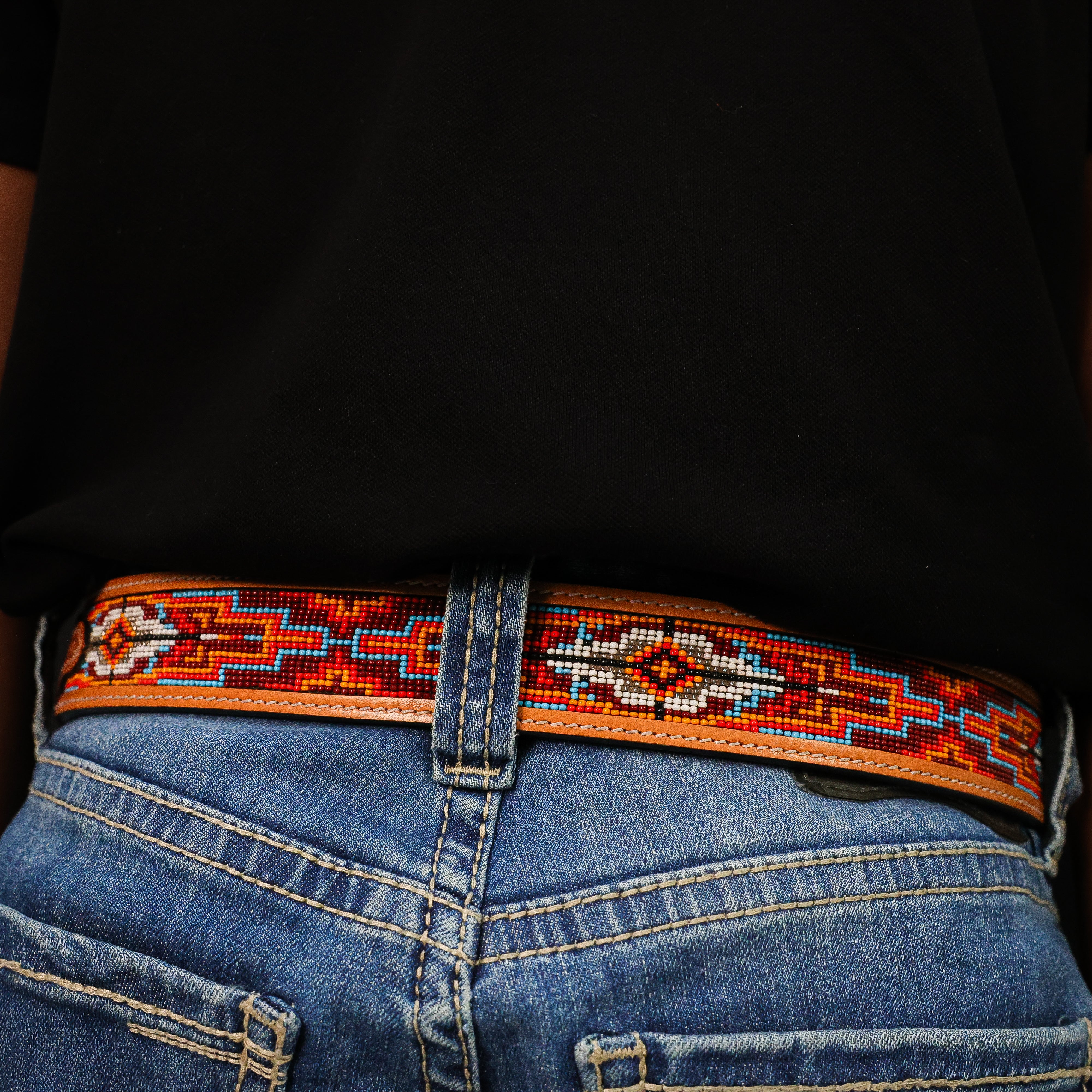 Hand-Tooled Artesanal Beaded Leather Belt