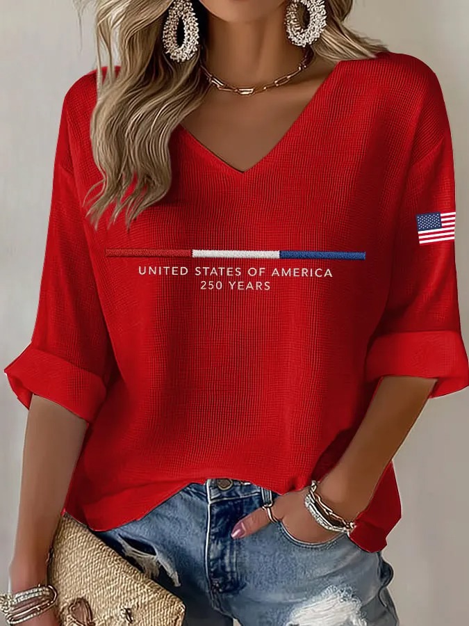 Women'S 250Th Anniversary Printed V-Neck Top For The Founding Of The United States