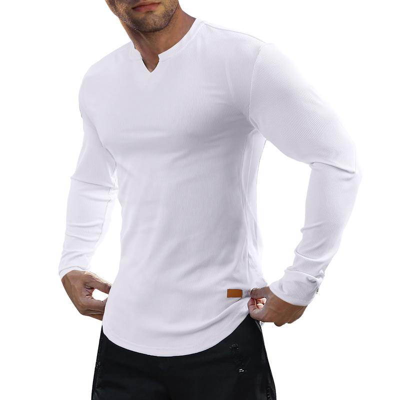Men’s Slim Fit Ribbed V-Neck Long Sleeve Muscle T-Shirt