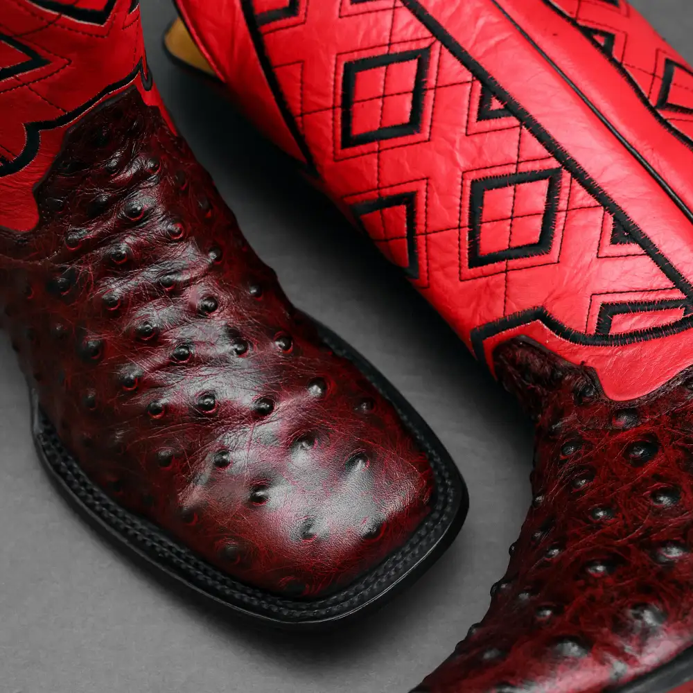 Black Cherry Ostrich Leather Boots - Square Toe