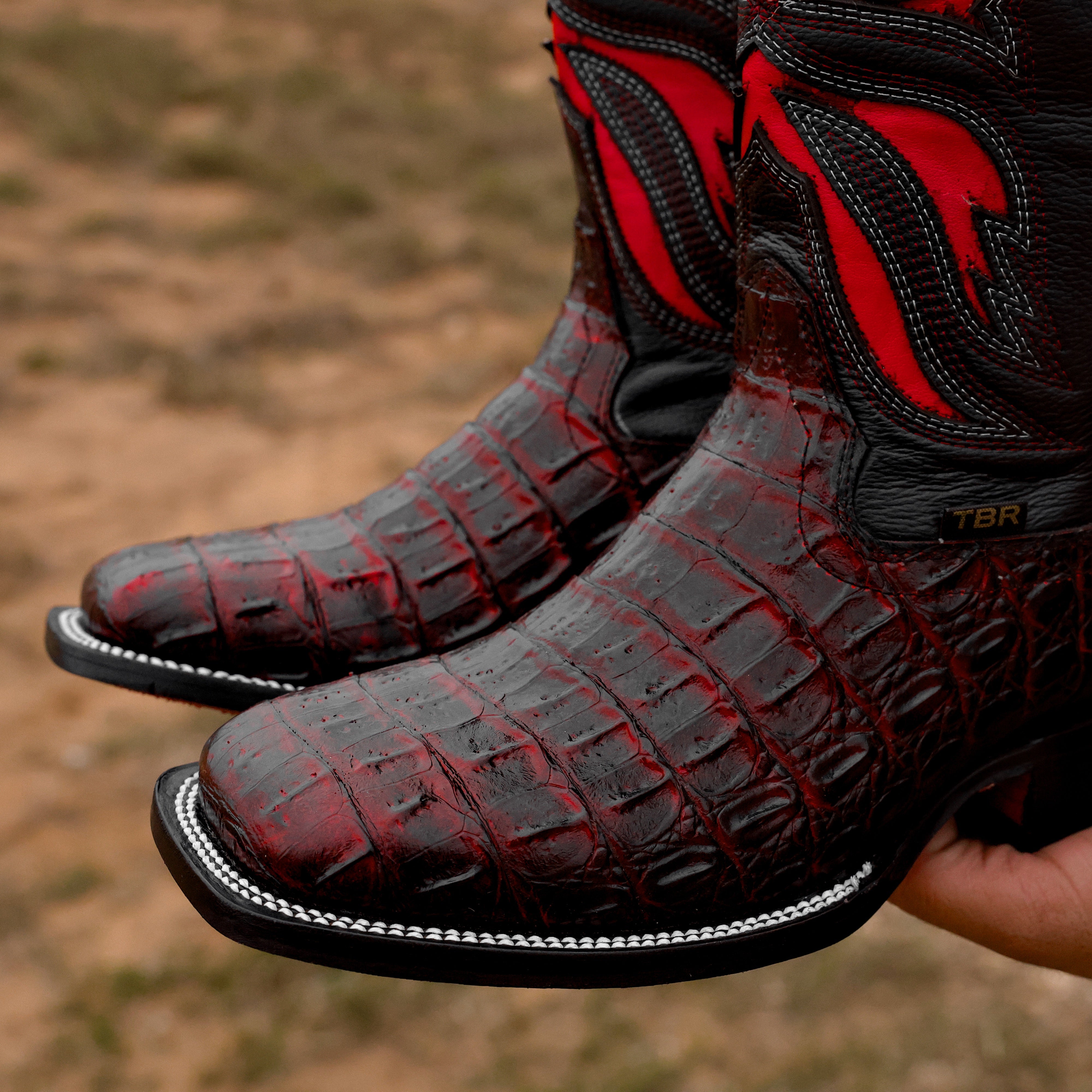Black Cherry Caiman Hornback Leather Boots - Square Toe