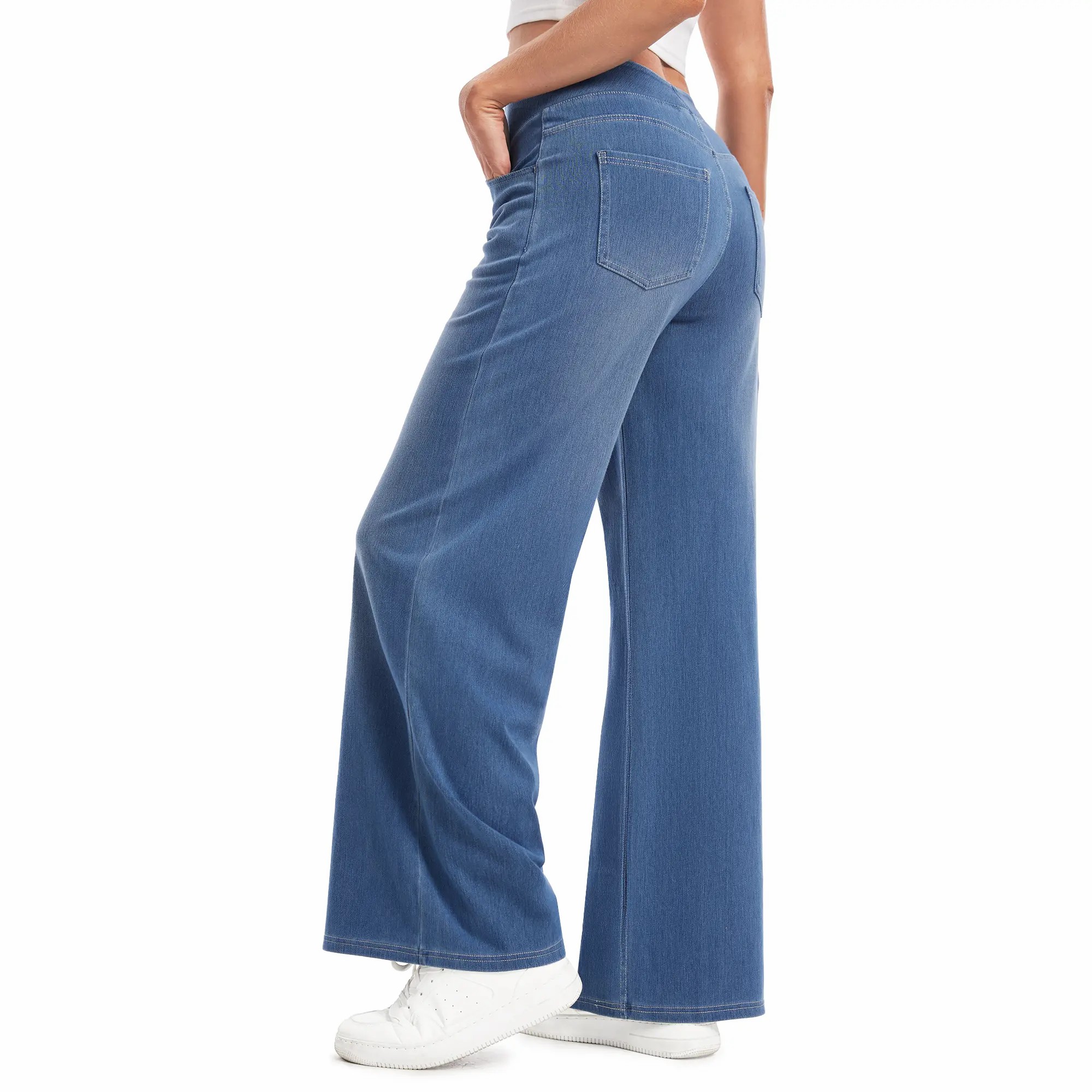 Wide Leg Stretchy Jeans for Women Loose Fit Elastic High Waist Pants Pull On Baggy Fit Jeans Tummy Control Trousers Casual Work Wear (Regular Inseam)