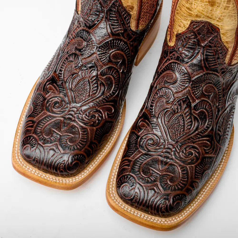 Brown Hand-Tooled Leather Boots - Square Toe