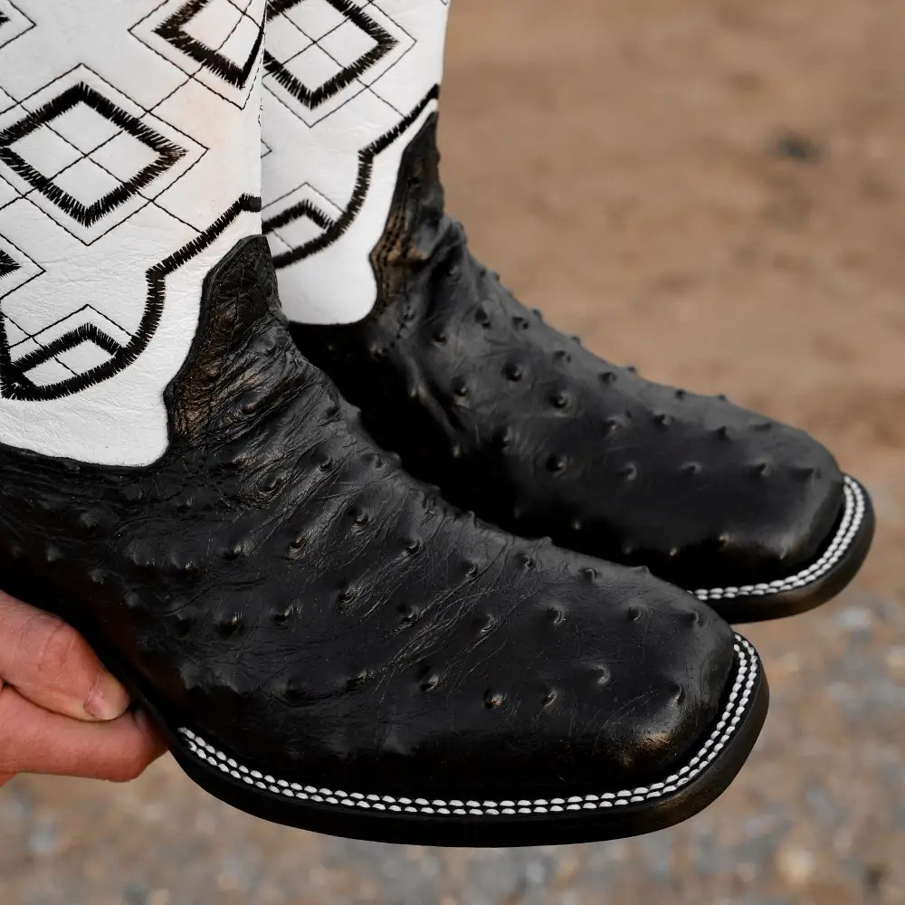 Black Ostrich Leather Boots - Square Toe