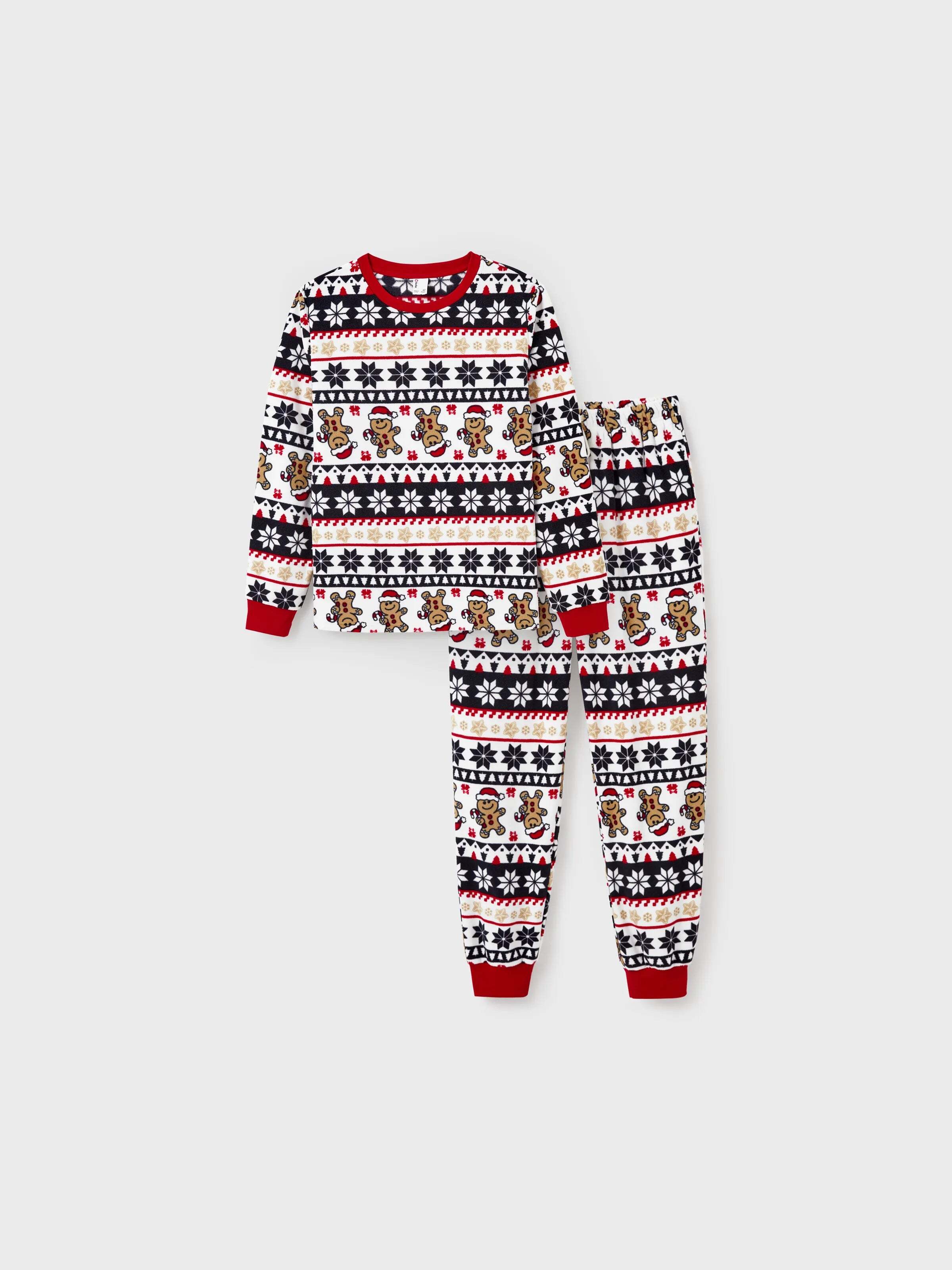 Christmas Matching Family Fleece Pajamas Set Gingerbread and Snowflake Print PJS with Christmas Socks Red