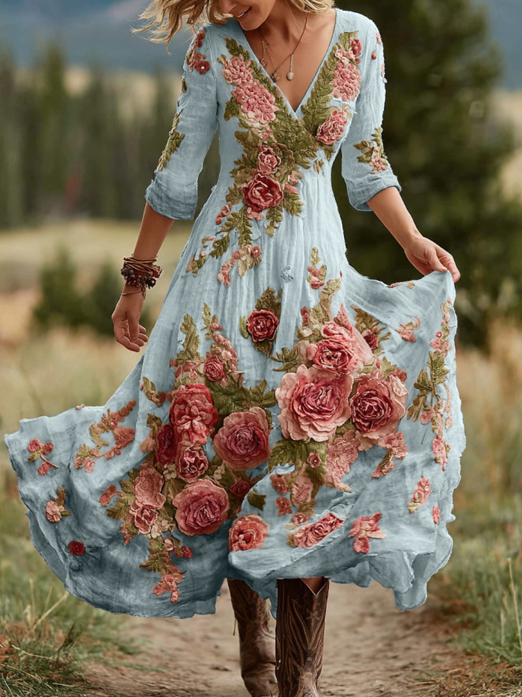 Women's Vintage Rose Floral Art V Neck Linen Blend Comfy Maxi Dress