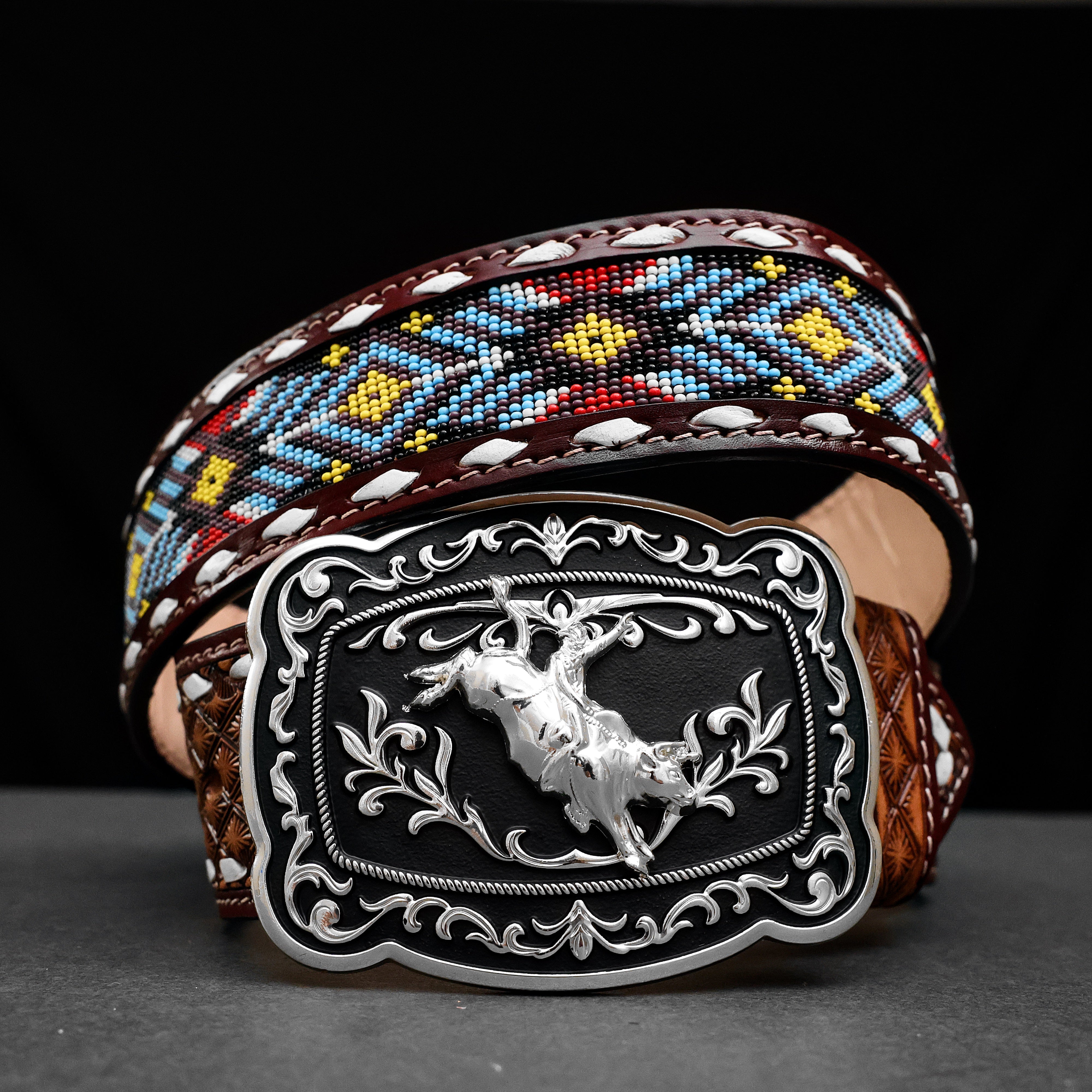 2 Inch Hand-Tooled Artesanal Beaded Leather Belt
