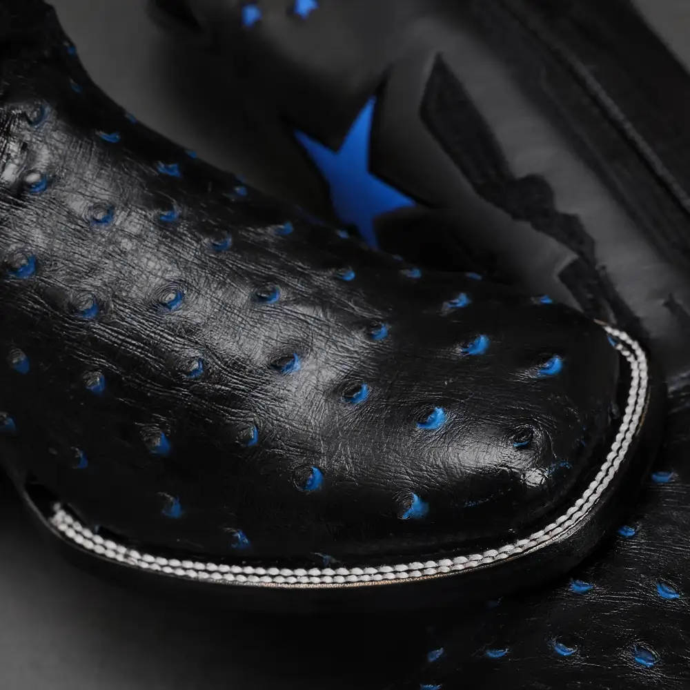 Black/Blue Ostrich Leather Boots - Square Toe