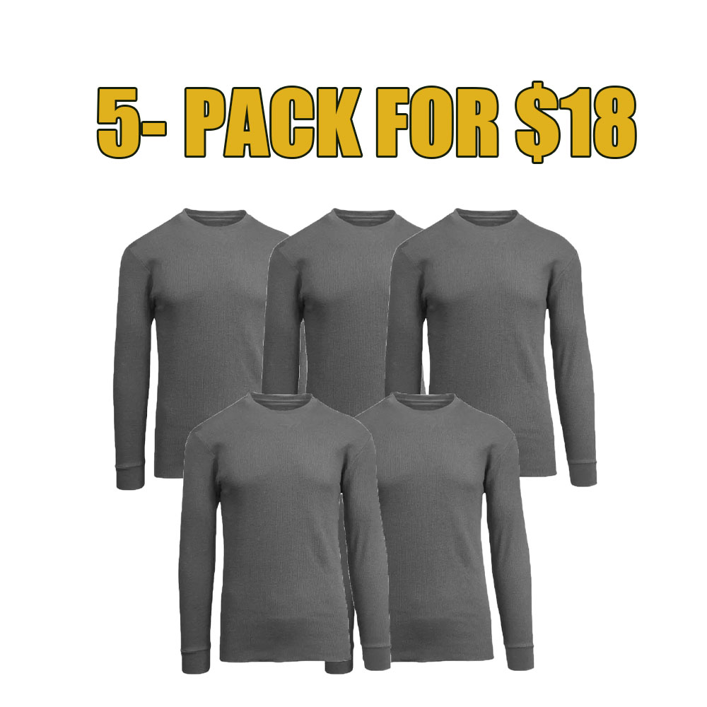 5-Pack Waffle Knit Thermal Shirts – Long Sleeve Crew Neck & Henley Set