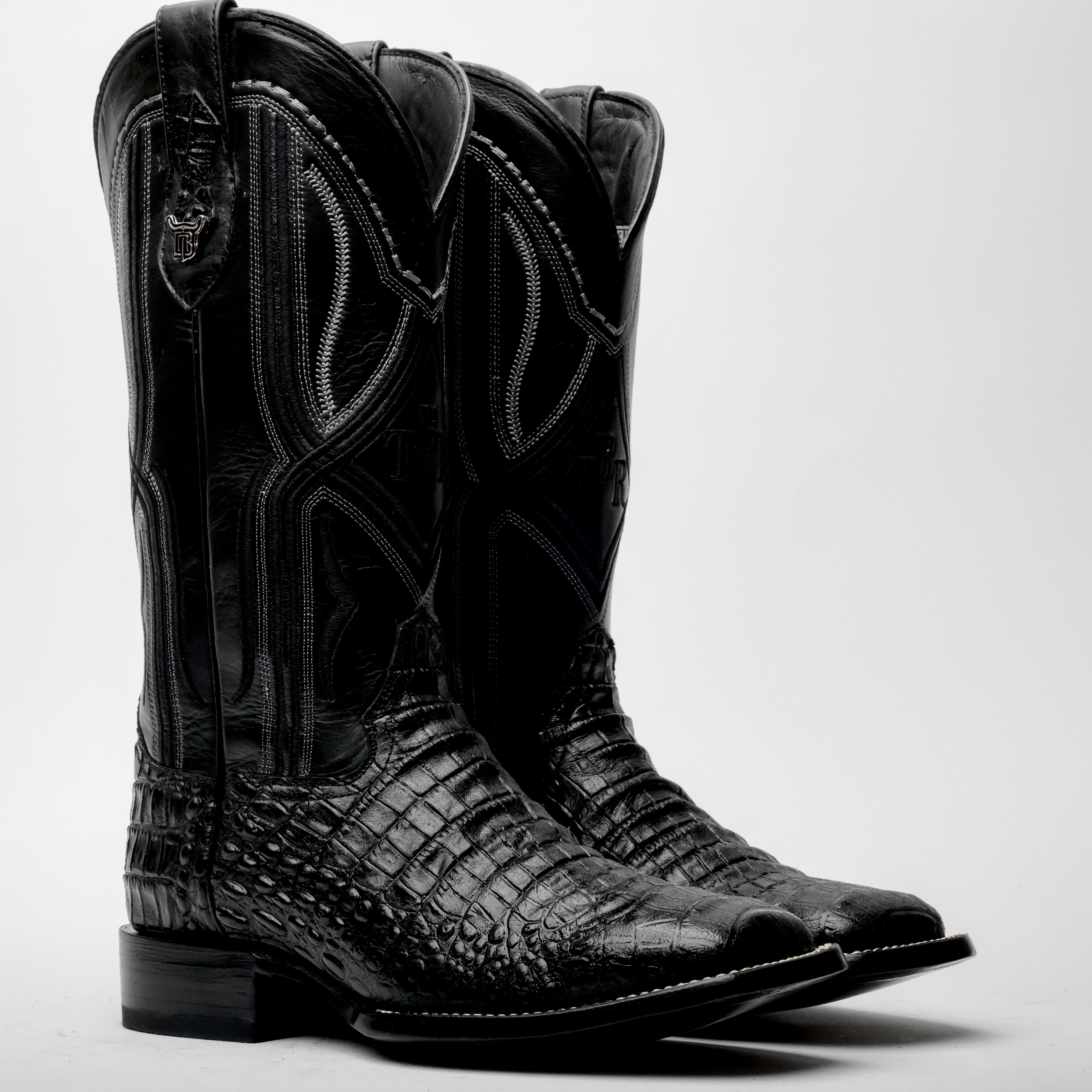 Total Black Caiman Belly Leather Boots - Square Toe