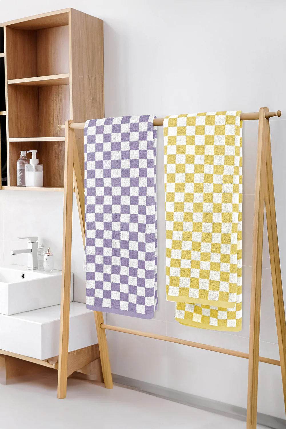 Yellow Cream Checkered Print Soft Large Bath Towel