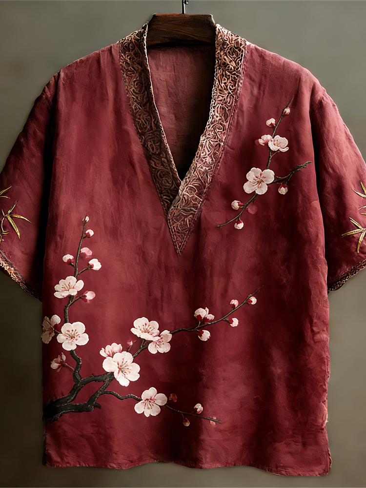 Japanese Plum Pattern Linen Short Sleeve V-neck Shirt