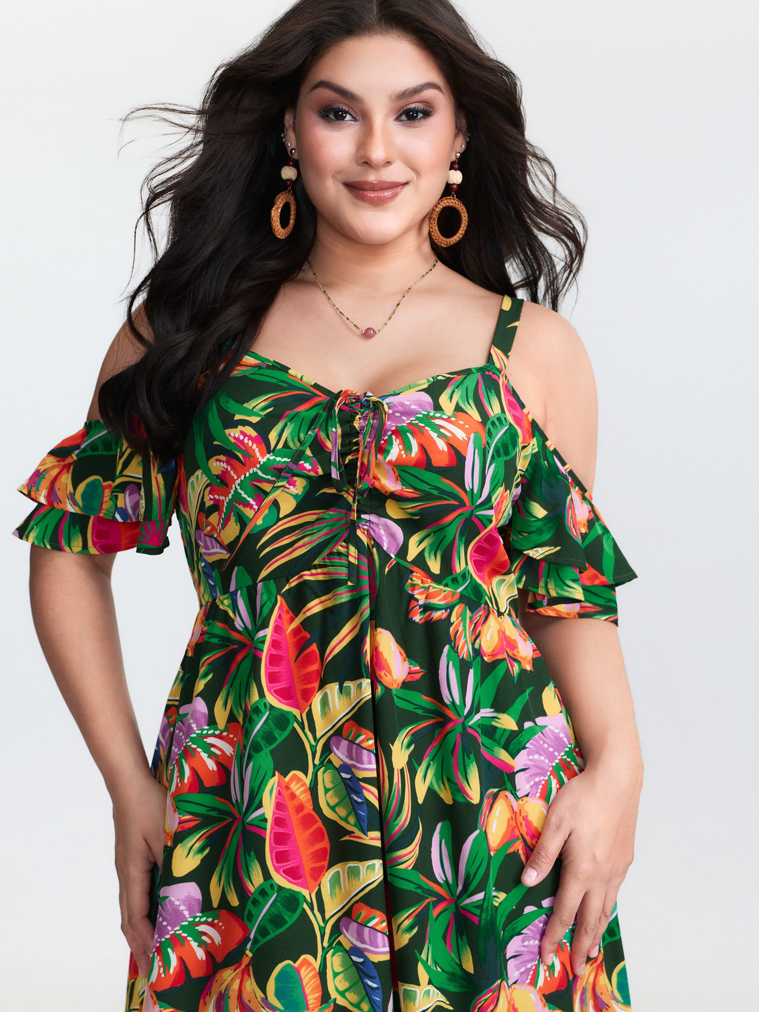 Vibrant Tropical Print Off-Shoulder Midi Dress
