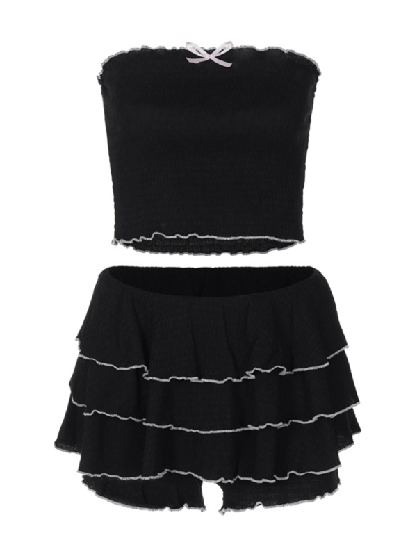 Fashionable And Tube Top Pleated Cake Skirt Suit