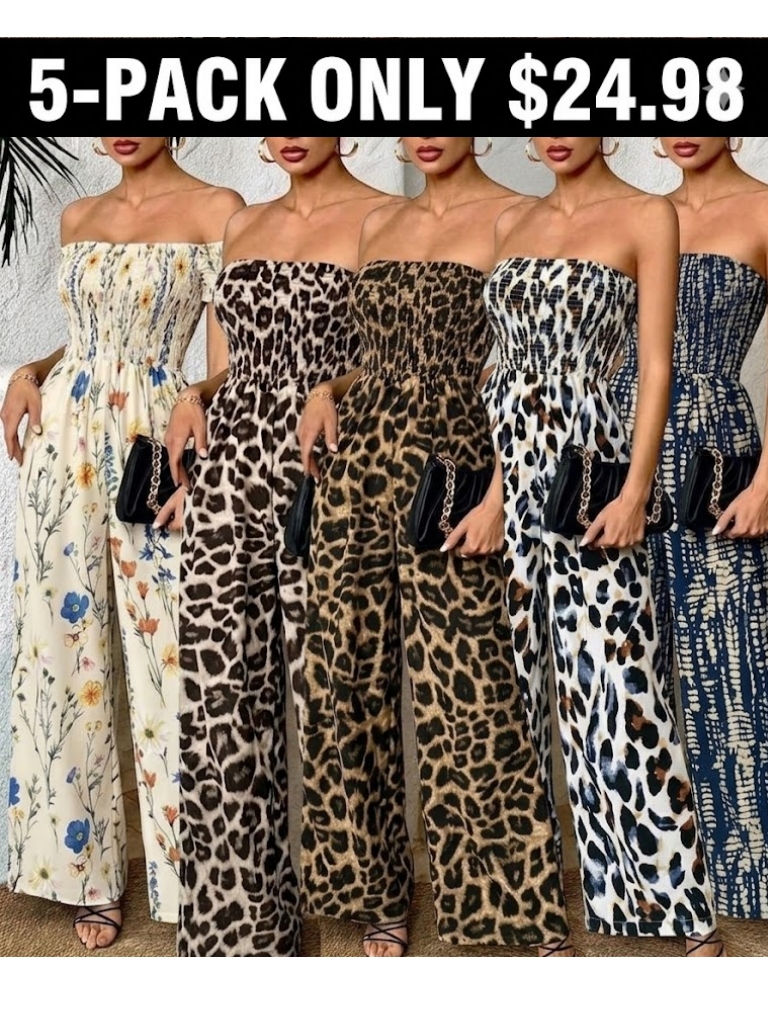 Women's Leopard Print Shirred Wide Leg Jumpsuit