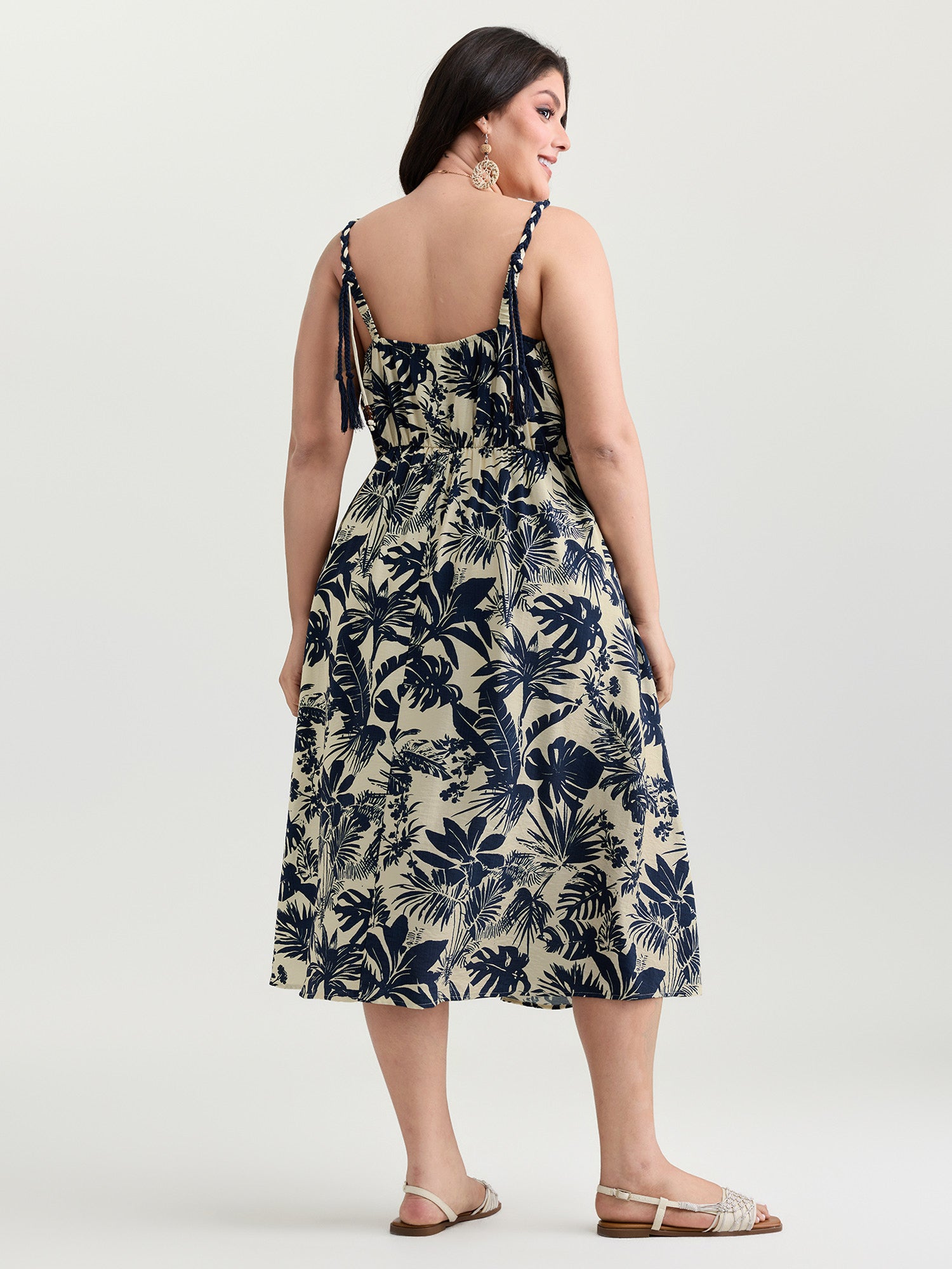Tropical Print Stretchy Waist Midi Dress