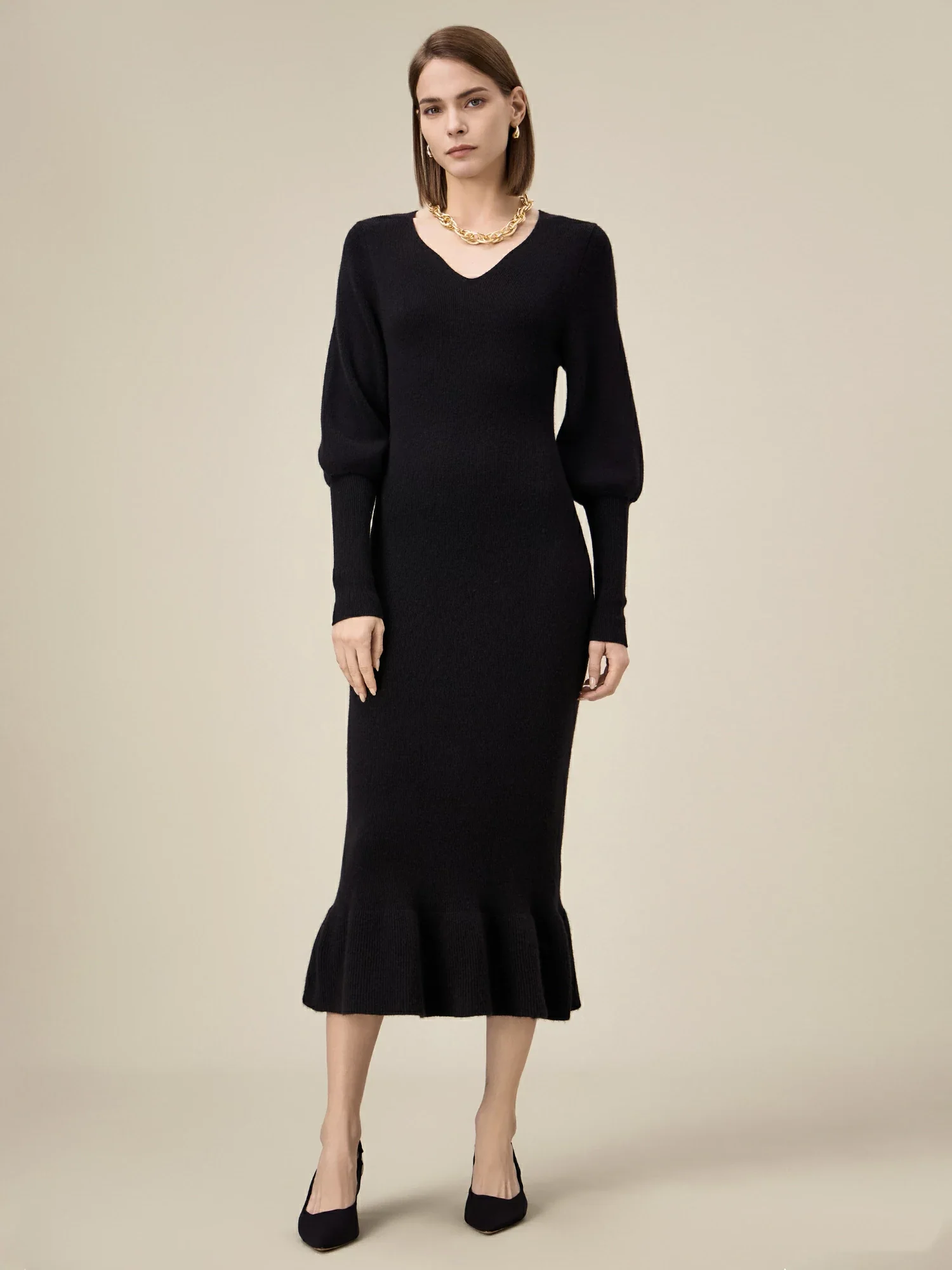 Women's 100% Wool V-Neck Knitted Dress