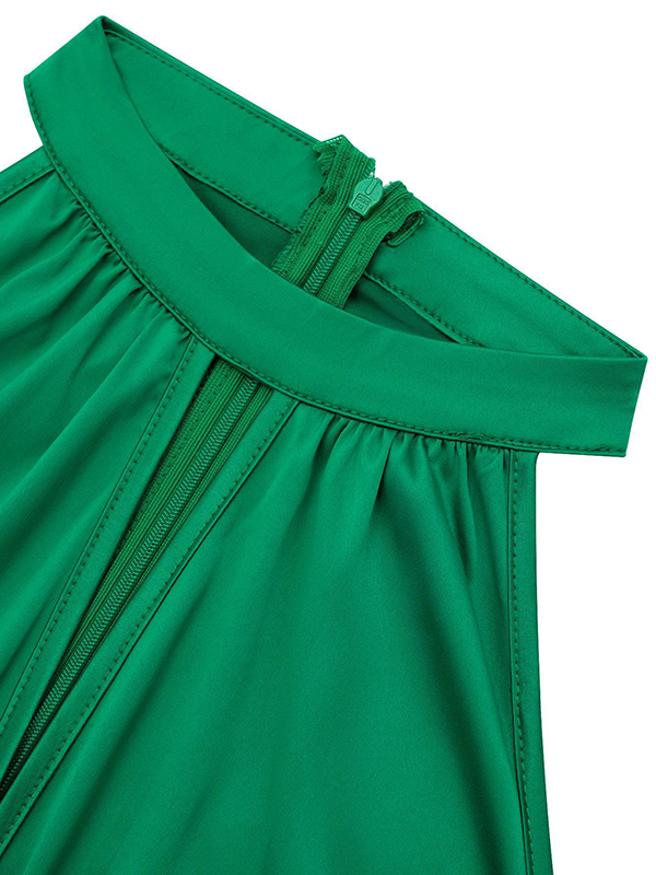 Hollow Pleated Solid Color Split-Joint Loose Sleeveless Stand Collar Midi Dresses