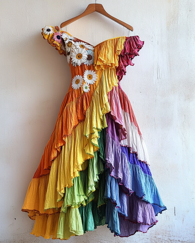 Rainbow Ruffle Daisy Embroidered Irregular Dress 0b75