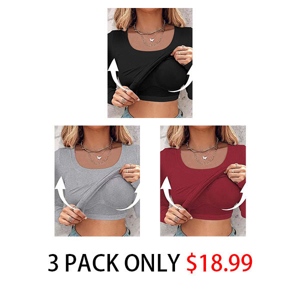 🍂🔥Womens U-Neck Built-in Bra Long Sleeve Ribbed Top Shirts Elegant Skinny Fit Fabric