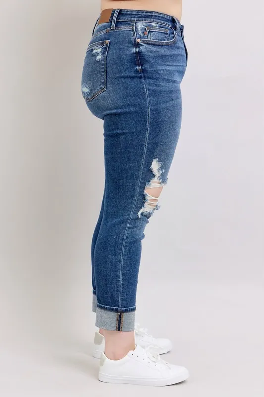 Blue Full Size Midi Rise Boyfriend destroy Jeans with Yoke Pockets and Faux Selvedge Cuff Plus Size