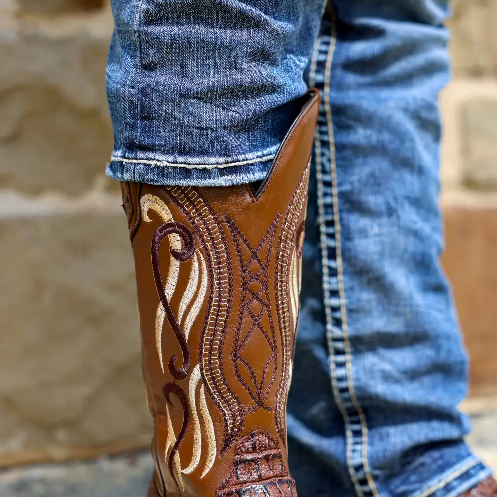 Brown Caiman Neck Leather Boots - Square Toe