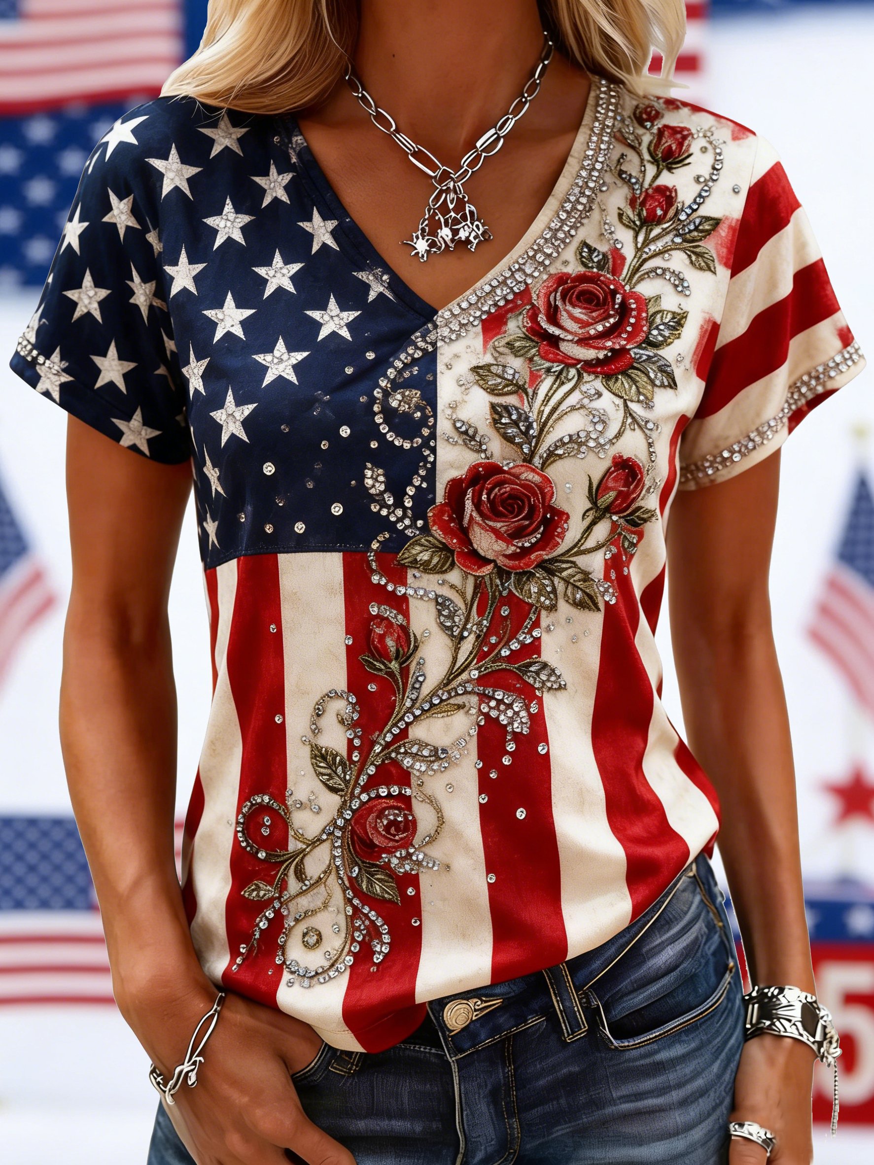 Vintage 3D Printing America Flag Floral Short Sleeve V Neck Casual T-Shirt