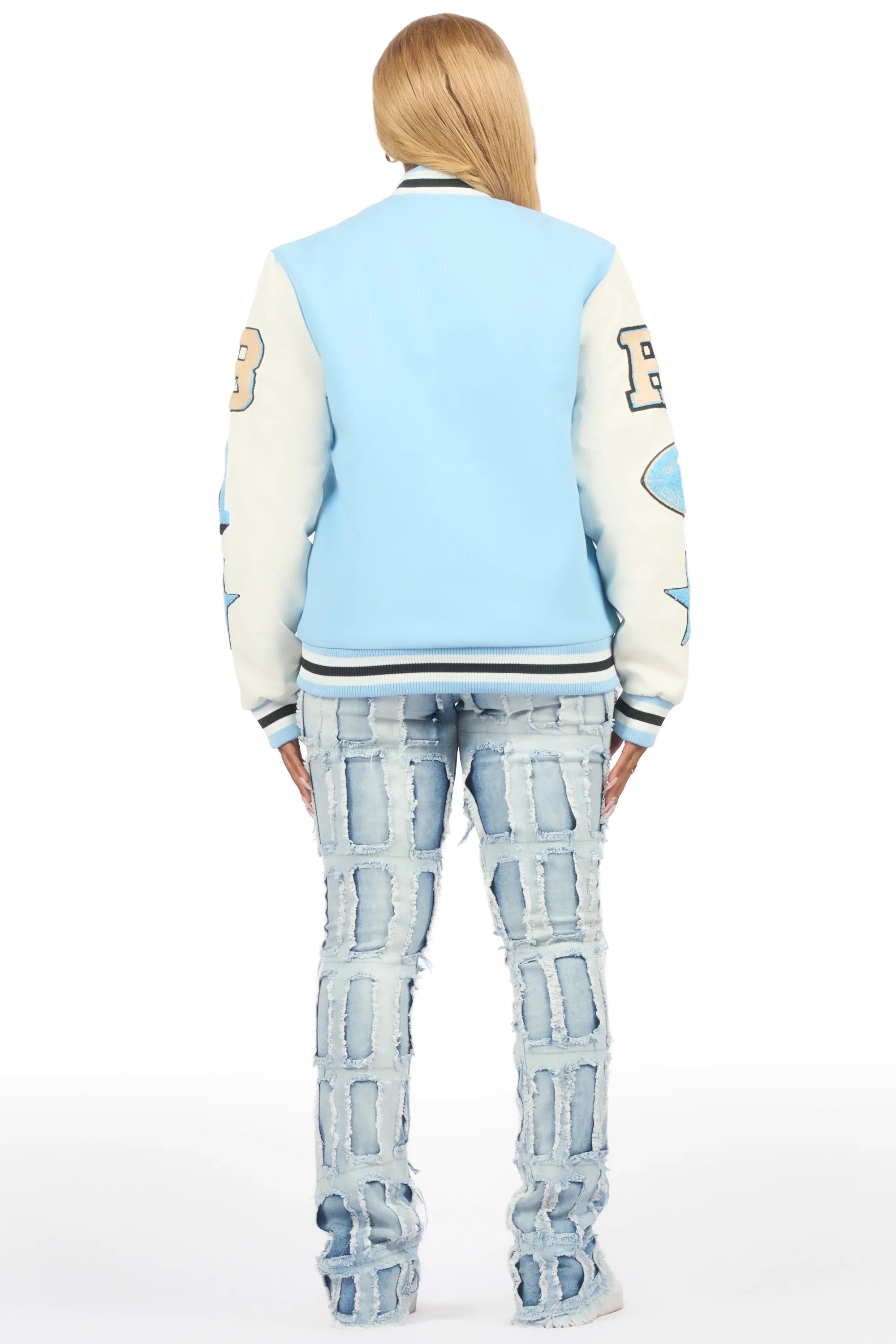 Adrienne Baby Blue Oversized Varsity Jacket