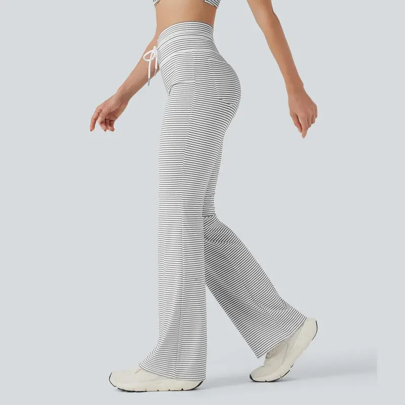 High Waisted Drawstring Stripe Flare Yoga Pants with Pockets