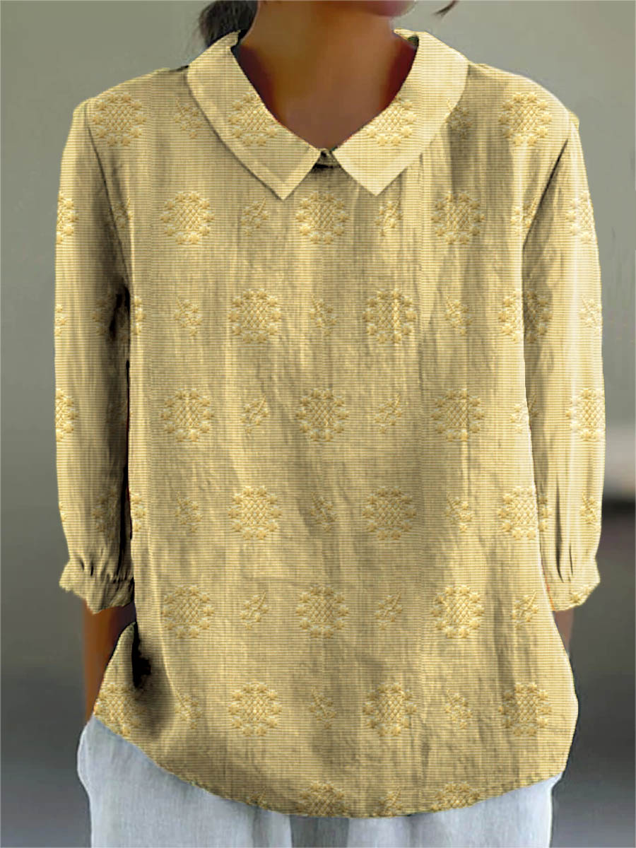 Women's Vintage Floral Art Print Casual Cotton And Linen 3/4 Sleeve Shirt