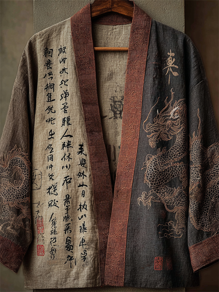 Japanese Dragons & Calligraphy Contrast Linen Kimono