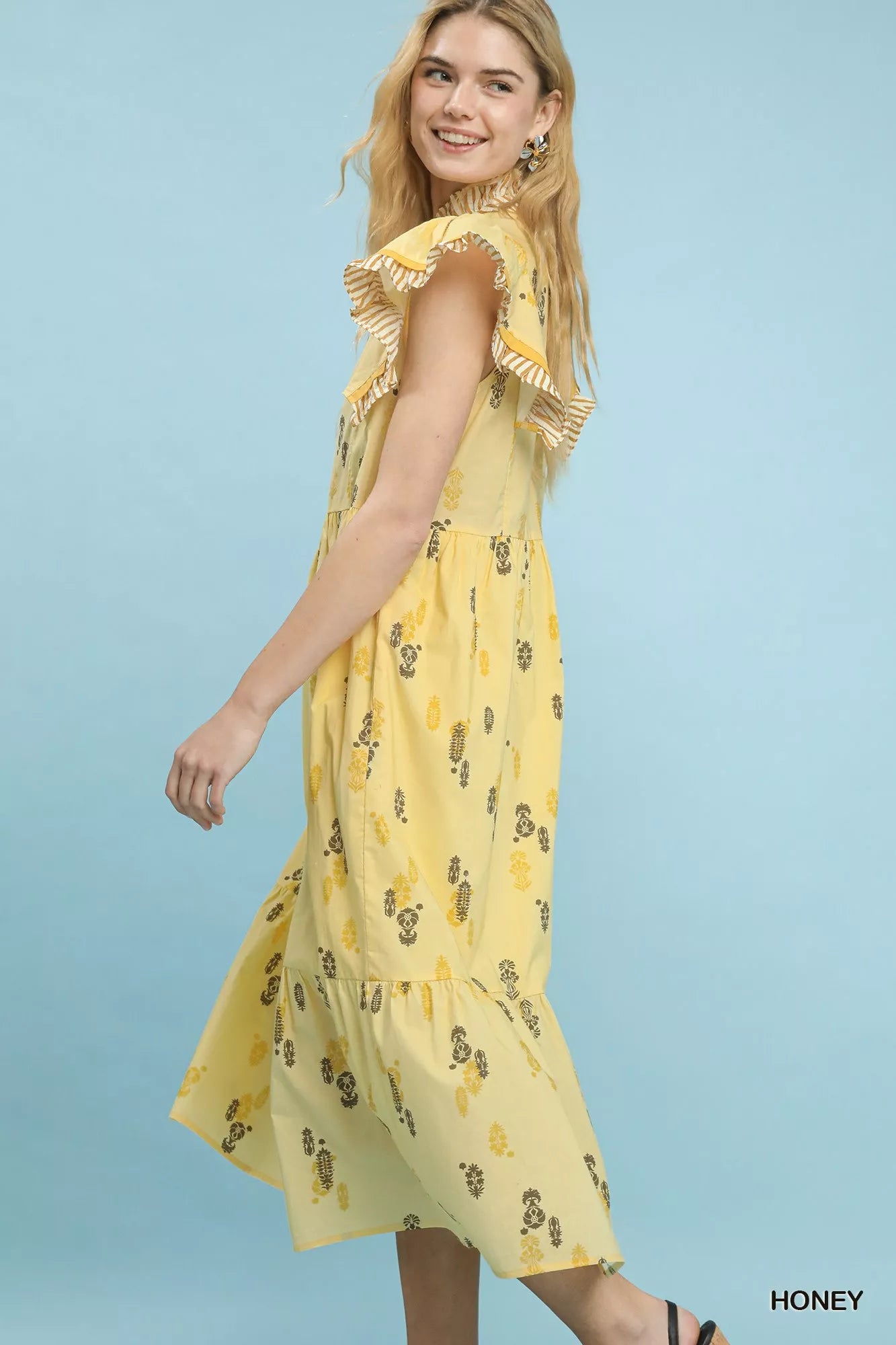 Umgee Floral Ruffle Sleeve Tiered Midi Dress