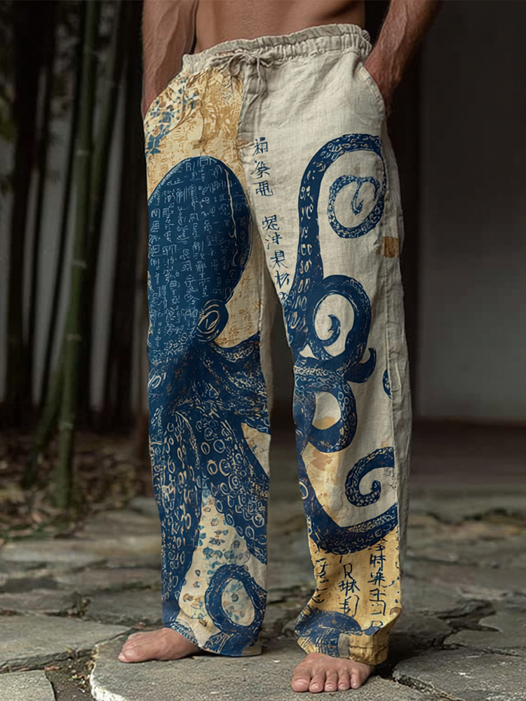 Vintage Japanese-style Octopus Tie-dye Patchwork Distressed Cotton Linen Pants