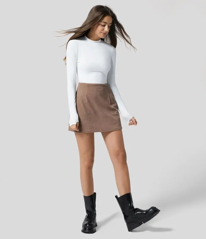 High Waisted Invisible Zipper 2-in-1 Mini A-line Corduroy Casual Skirt