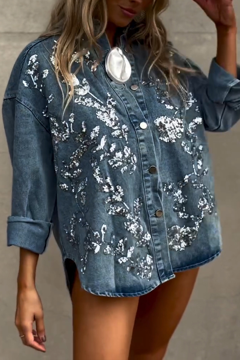 Women Lapel Buttoned Printed Casual Denim Jacket