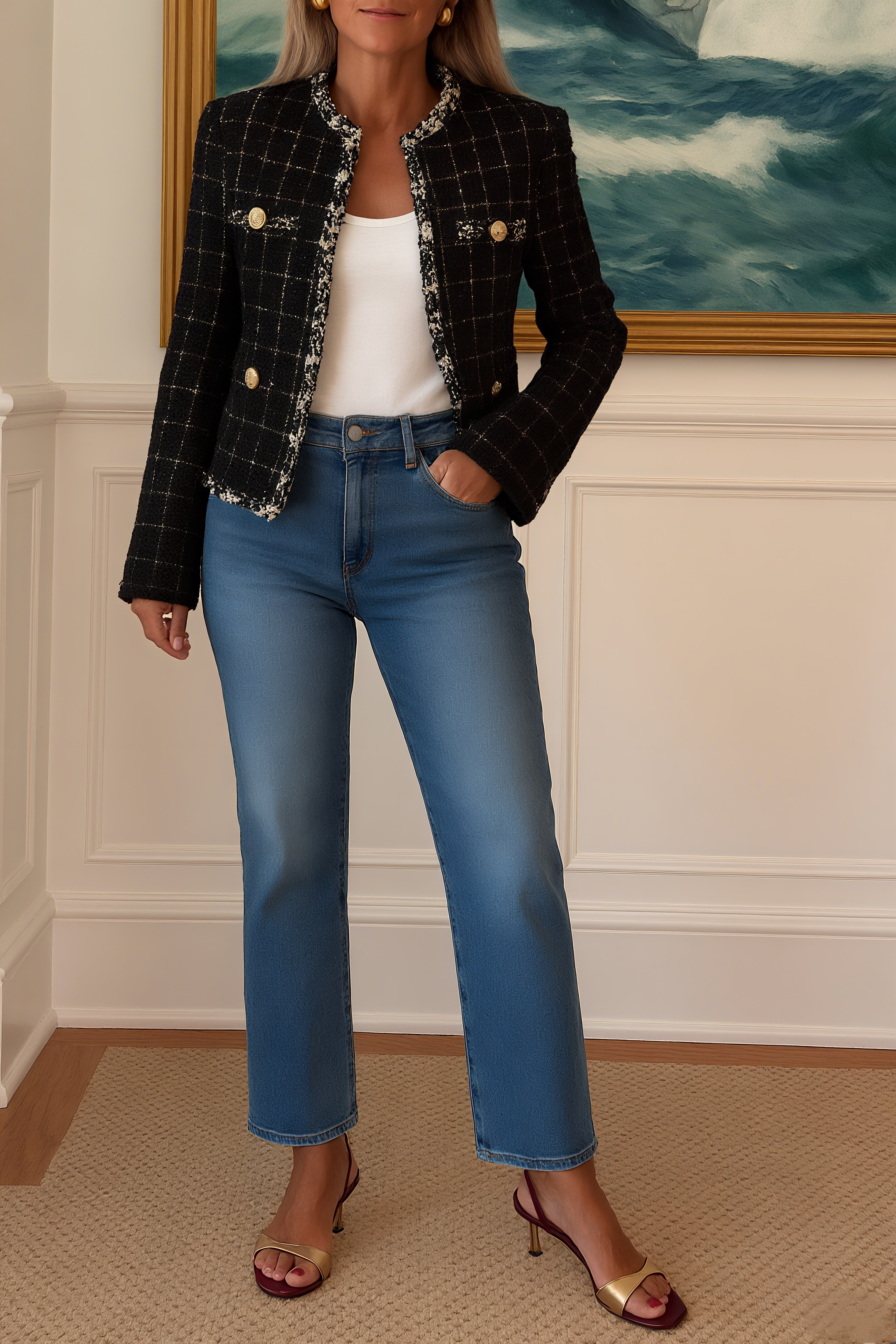 Women's Round Neck Long Sleeve Plaid Elegant Jacket