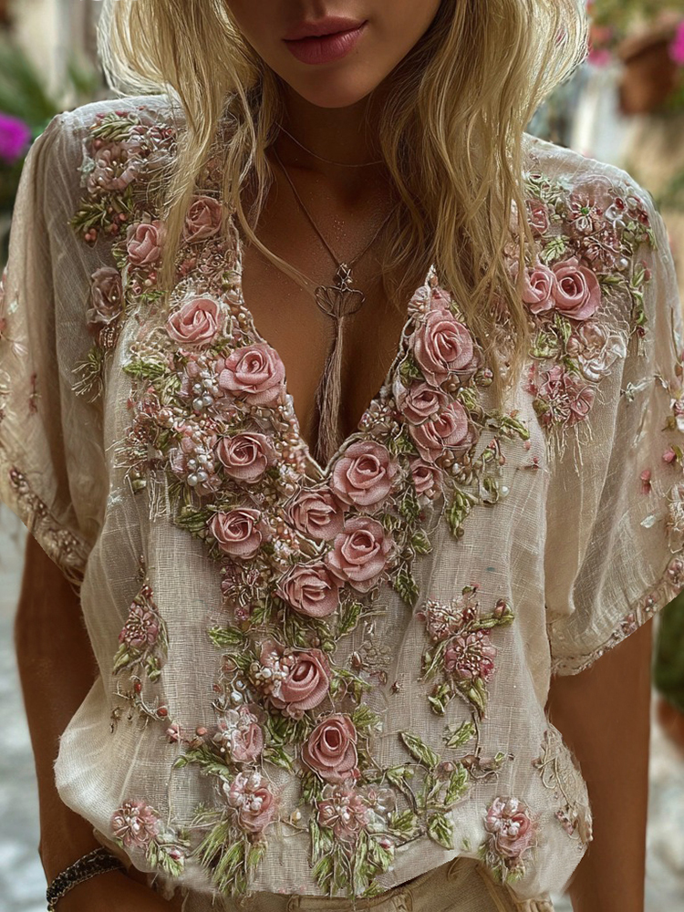 Vintage Rose Gemstone Bead Embroidery Art V-neck Short-sleeved Shirt